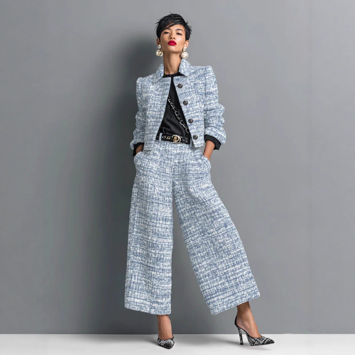 Notched Lapel Slim-fit Women's Long-sleeve Short Top With Wide-leg Pants Set NorixaFashion.com