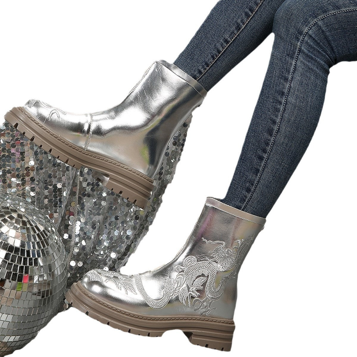 Women's Embroidered Mid-calf Round Martin Boots LadyShow.Store