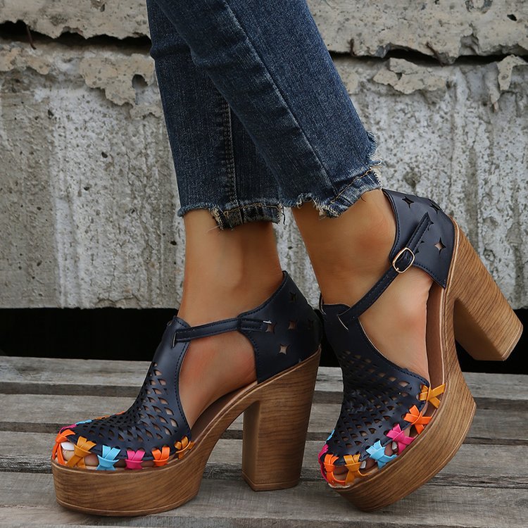 Printed Ethnic Style High-heeled Women's Floral Buckle Chunky Heel Toe Roman Sandals LadyShow.Store