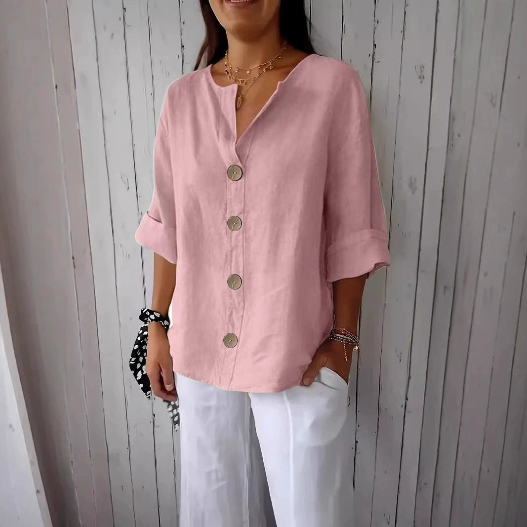 Loose-fit Women's V-neck Cotton-Linen Button T-shirt Top LadyShow.Store