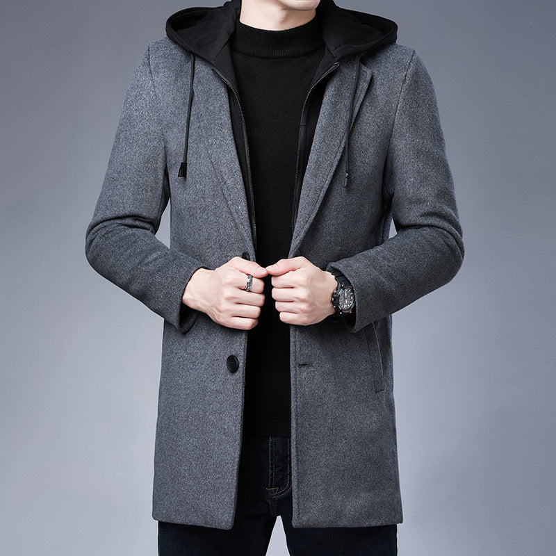 Men's Mid-Length Detachable Hooded Wool Coat Jacket Pi-Mart