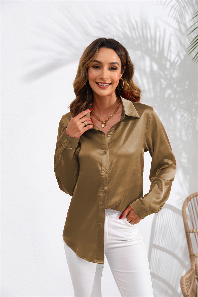 Women's Solid Color Satin Satin Long Sleeve Blouse NorixaFashion.com