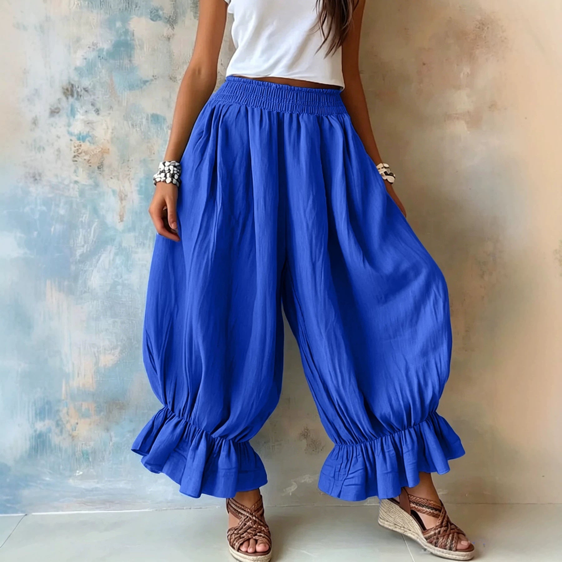 Loose Casual Cotton-linen Flared Pants With Ruffled Hems For Women NorixaFashion.com