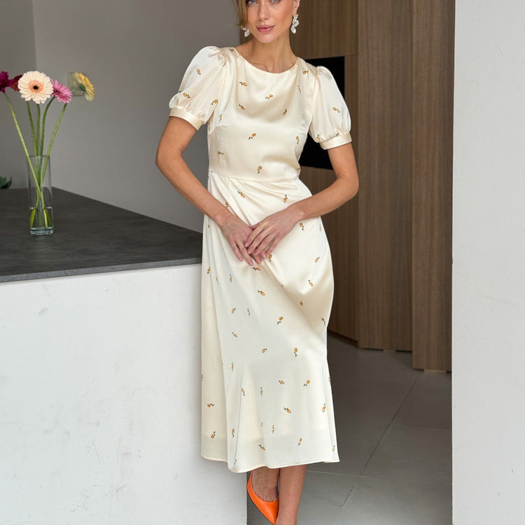 Cream Yellow Floral Print Satin Midi Dress NorixaFashion.com