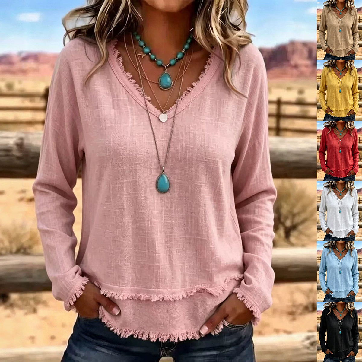 V-Neck Long Sleeve T-Shirt With Tassel Women's Loose Fit Casual Top For Daily Wear Clothing NorixaFashion.com