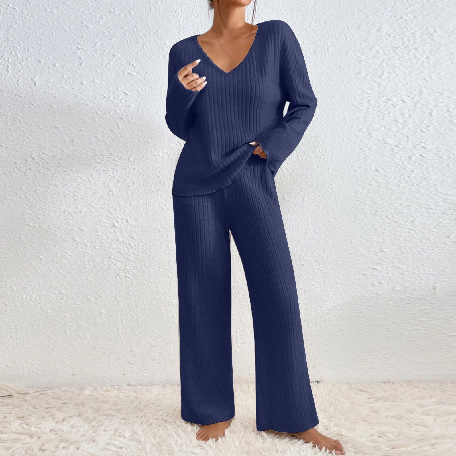 Long Sleeve V-neck Knitted Sunken Stripe Brushed Loose Leisure Suit LadyShow.Store