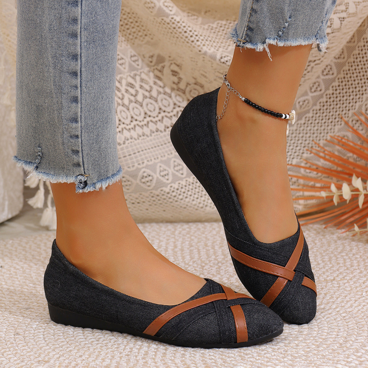 Ins Cross-Strapped Denim Loafers NorixaFashion.com