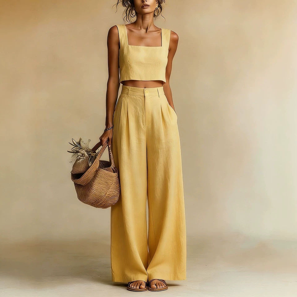 Womens Best-selling Square-neck Wide-leg Pants Set NorixaFashion.com