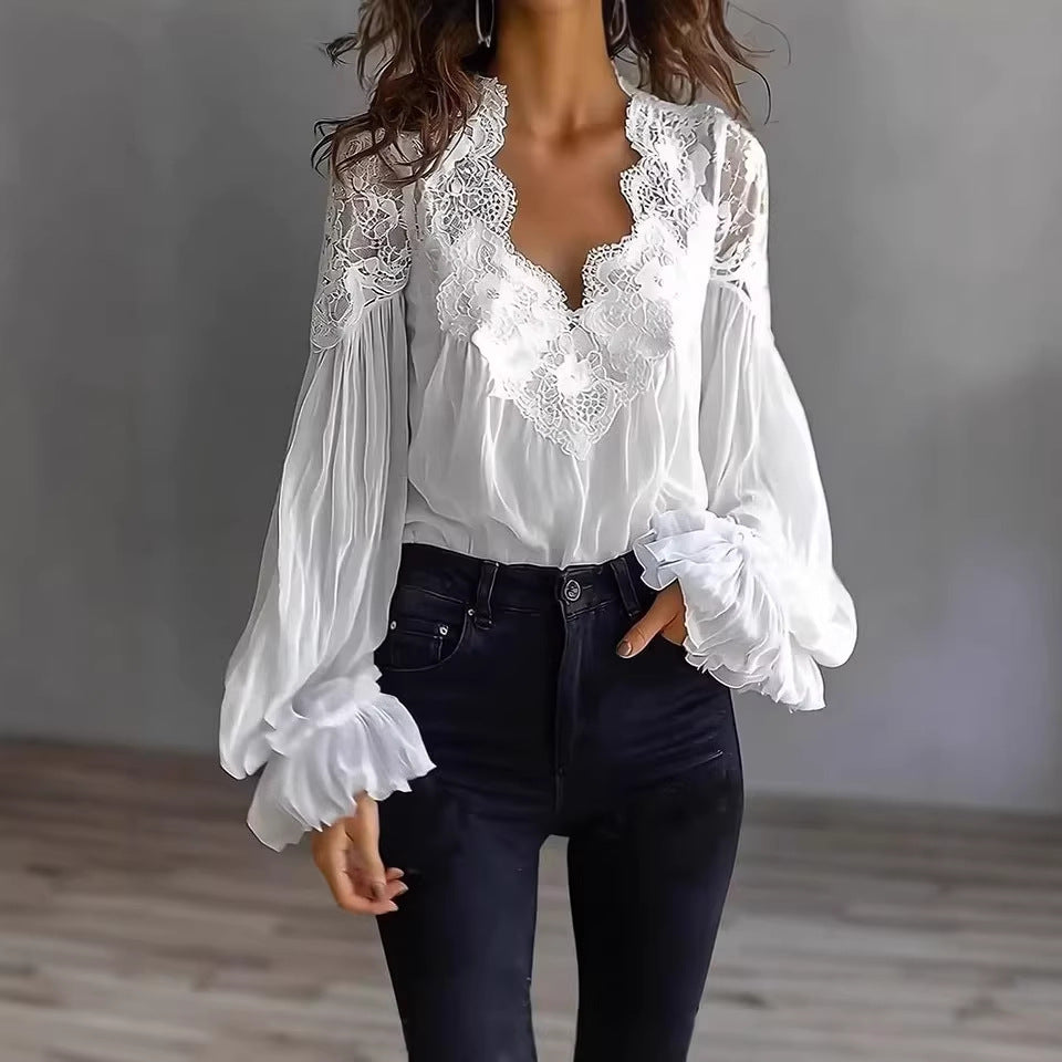 Lace-panelled Ruffled Puff-sleeve Pleated Shirt NorixaFashion.com