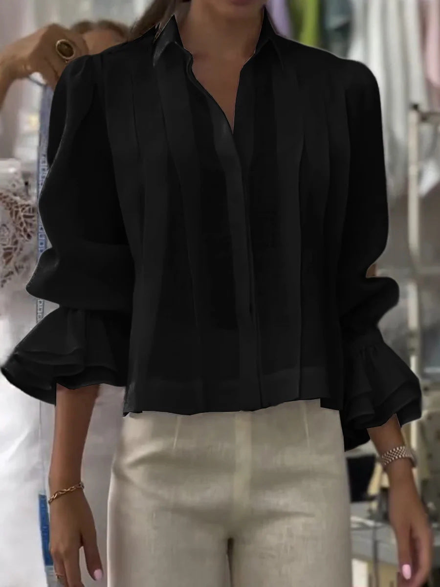 Pleated Solid Color Stitching Short Sleeve Shirt NorixaFashion.com