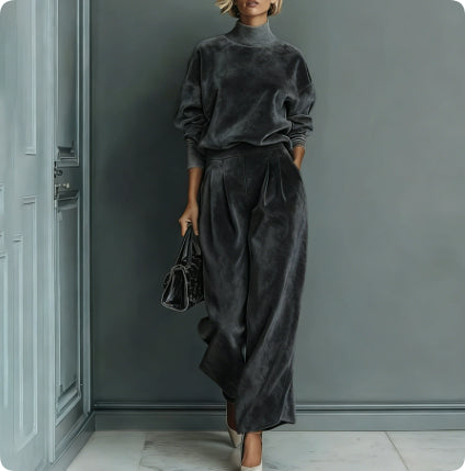 Casual Warm Velour Long-sleeved Solid Color High-neck Zipper Wide-leg Sportswear LadyShow.Store