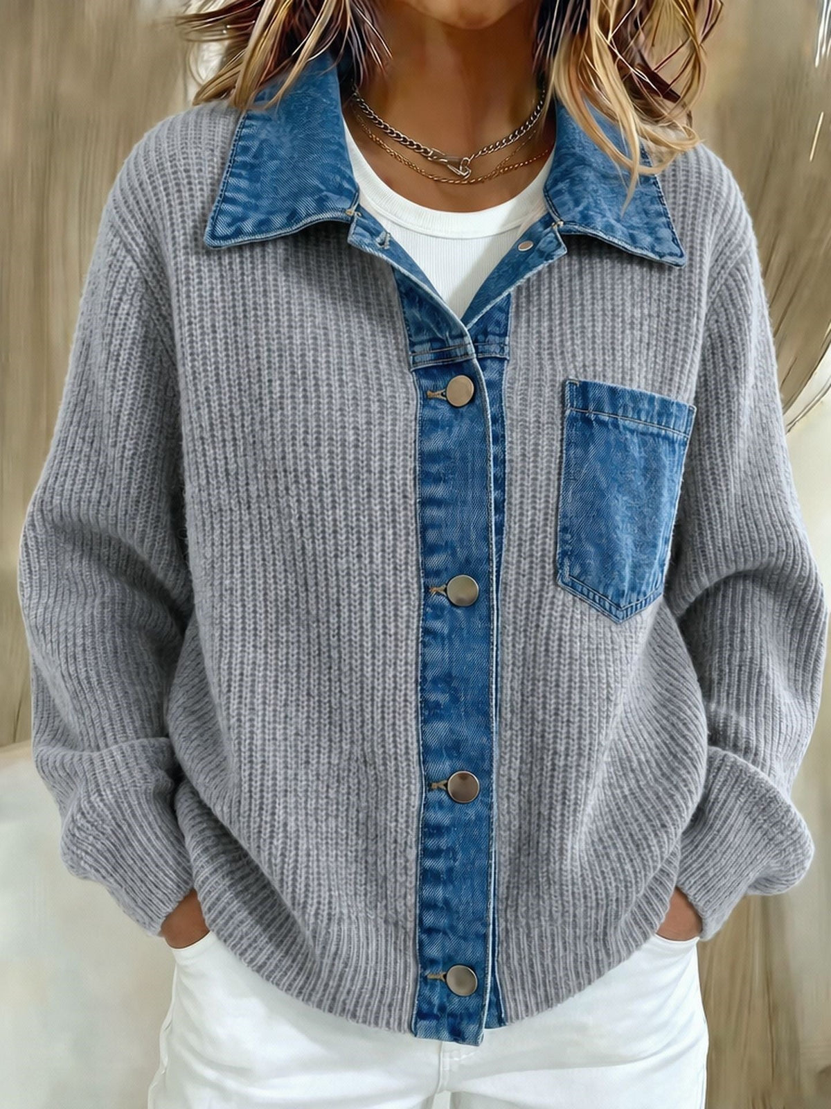 2026 European And American Cross-border Denim Patchwork Knit Cardigan For Women, Loose And Casual Style, Color-block Long-sleeve Sweater Jacket NorixaFashion.com