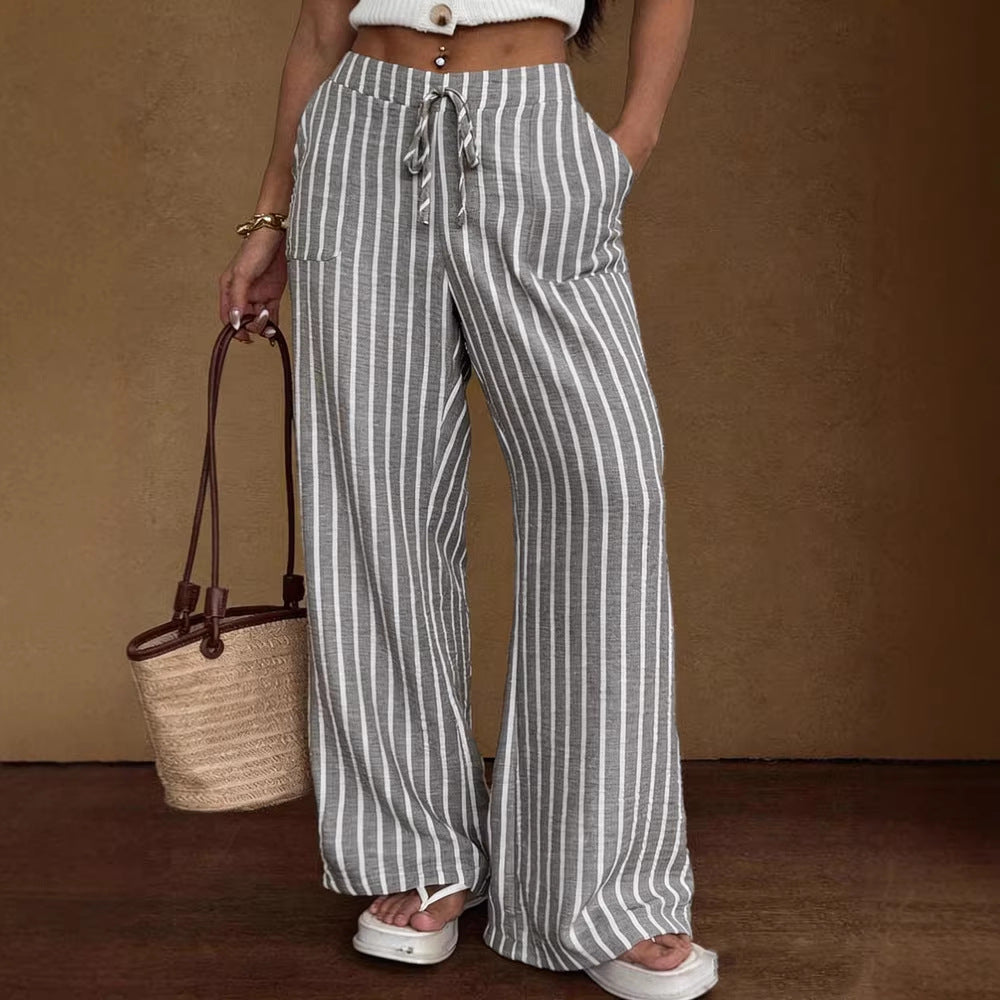 Striped Loose Commuter Casual Lace-up Elastic-waist Wide-leg Trousers NorixaFashion.com