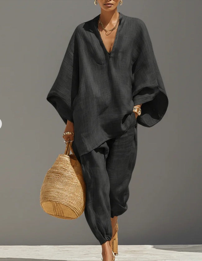 Women's Casual Loose Solid Color Shirt Set NorixaFashion.com