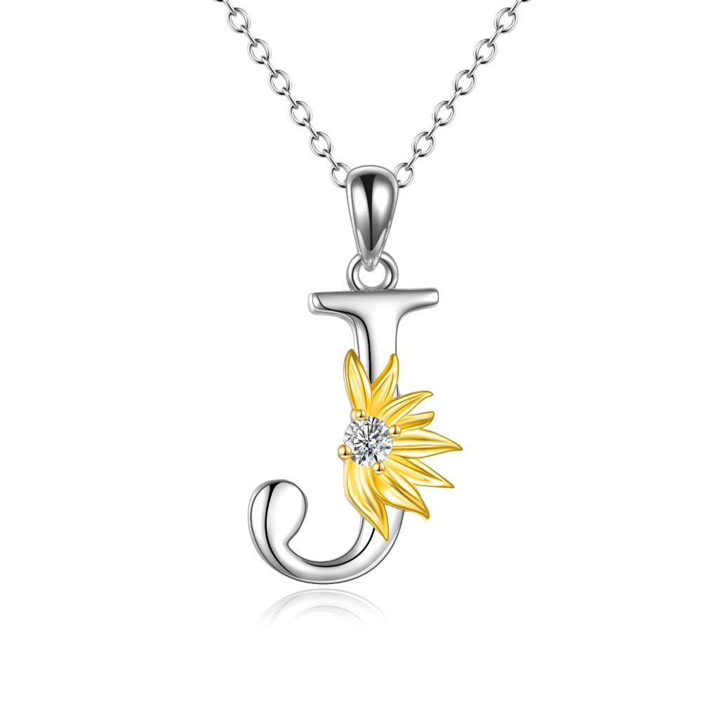 Sterling Silver Initial Alphabet Sunflower A Letter Script Name Pendant Necklace LadyShow.Store