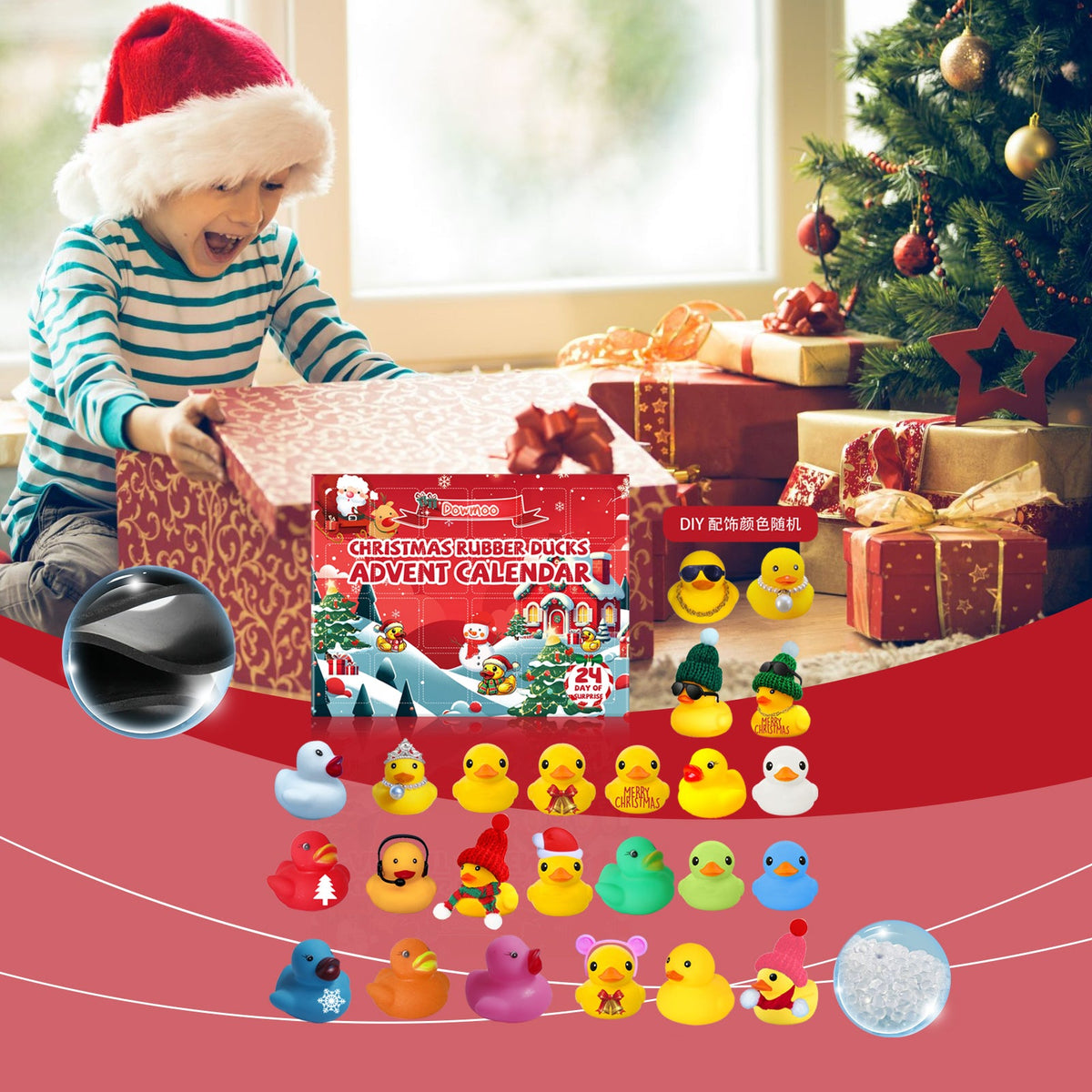Dowmoo 24 Grids Christmas Advent Rubber Duck Blind Box 24 PIECES Product Size -1 Duck 3.7x3.8cm, 2 Ducks 3.3x2.8cm, 3 Ducks 4.6x4.4cm Tri Light Beauty