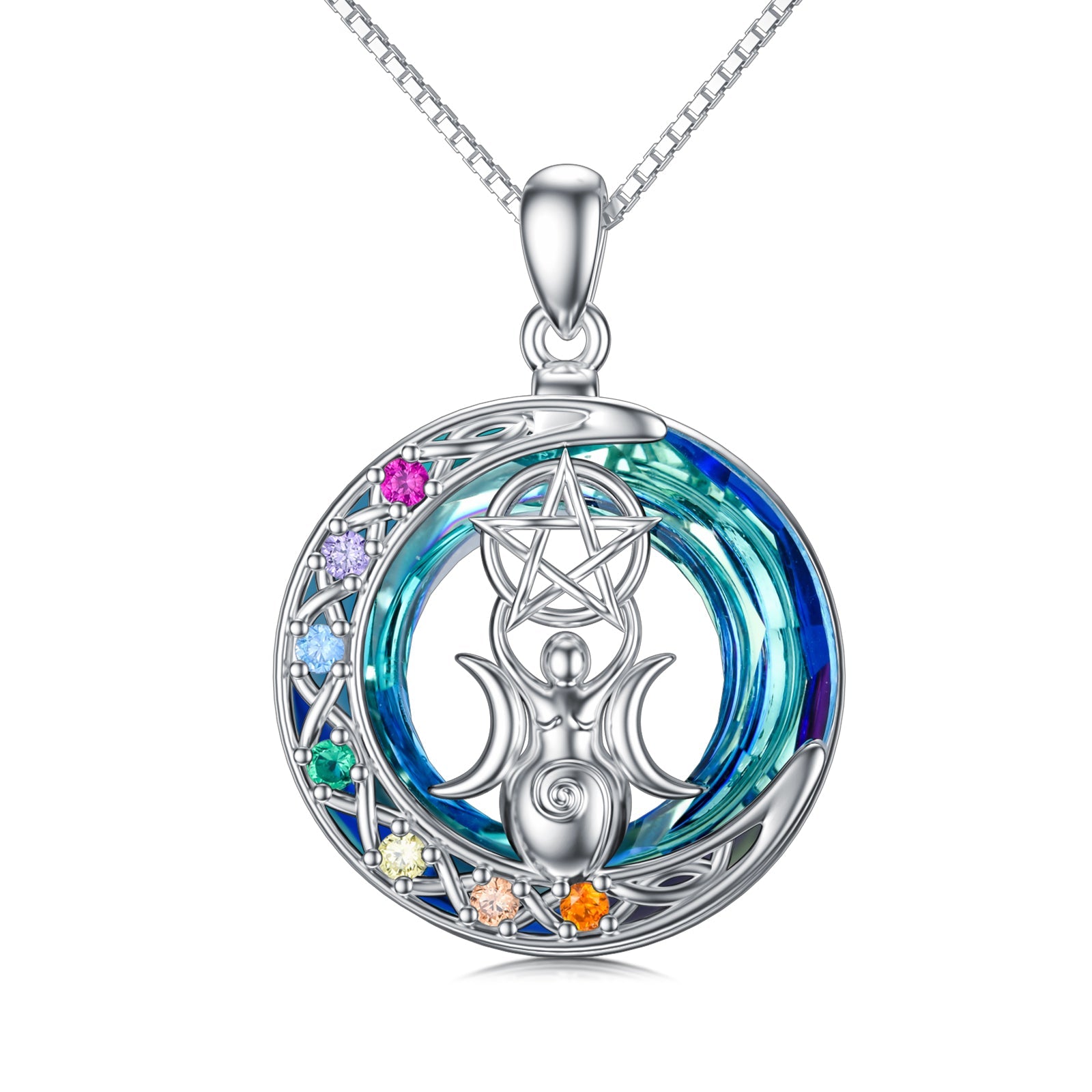 Chakra Triple Moon Goddess Crystal Necklace In White Gold Plated Sterling Silver LadyShow.Store