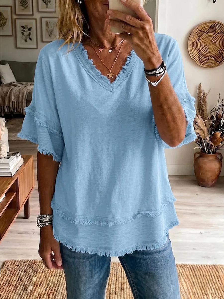 Casual Women's Shirt V-Neck Short Sleeve Loose Fit Pure Color Summer Fashion Trend Pullover Tops For Daily Wear LadyShow.Store