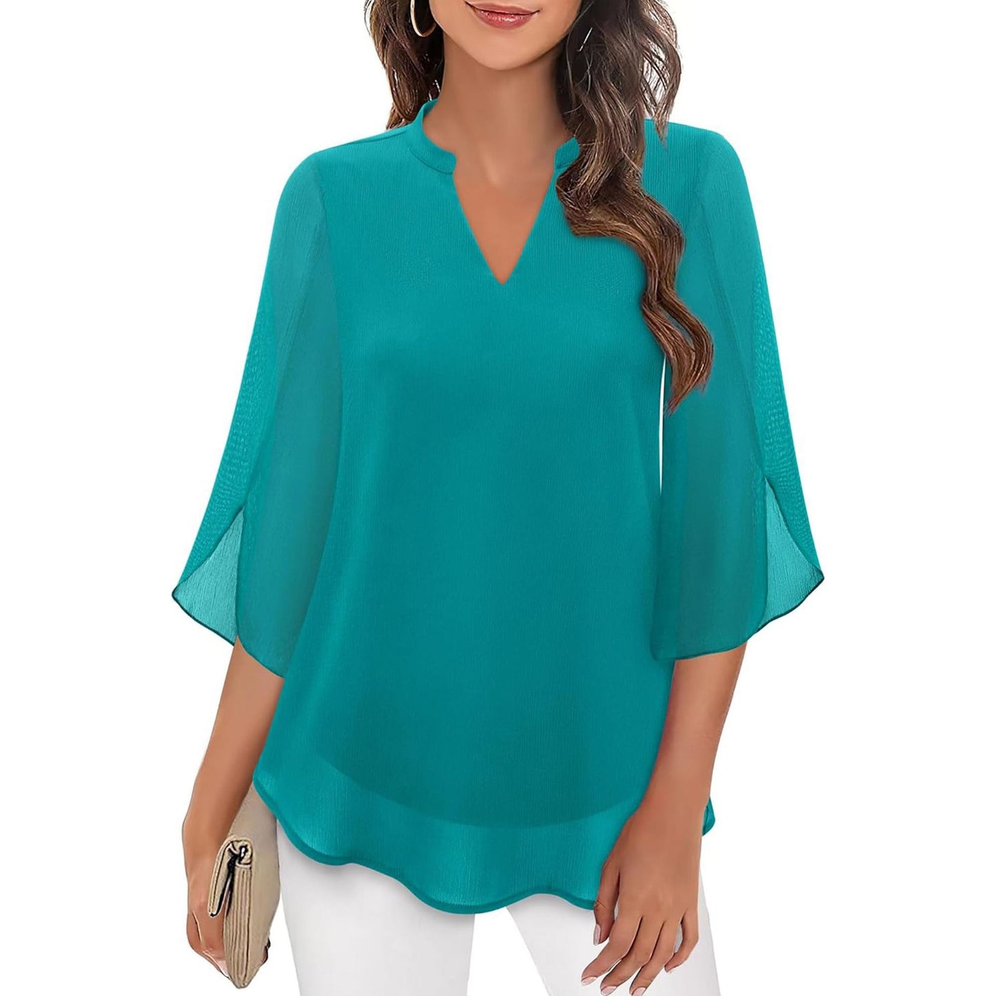 Women's Petal Sleeve Top Loose V-neck Chiffon Shirt LadyShow.Store