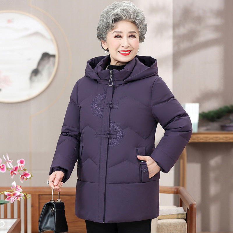 Middle-aged And Elderly Women's Dress White Duck Down Loose Warm Hooded Jacket Best YouTube Store