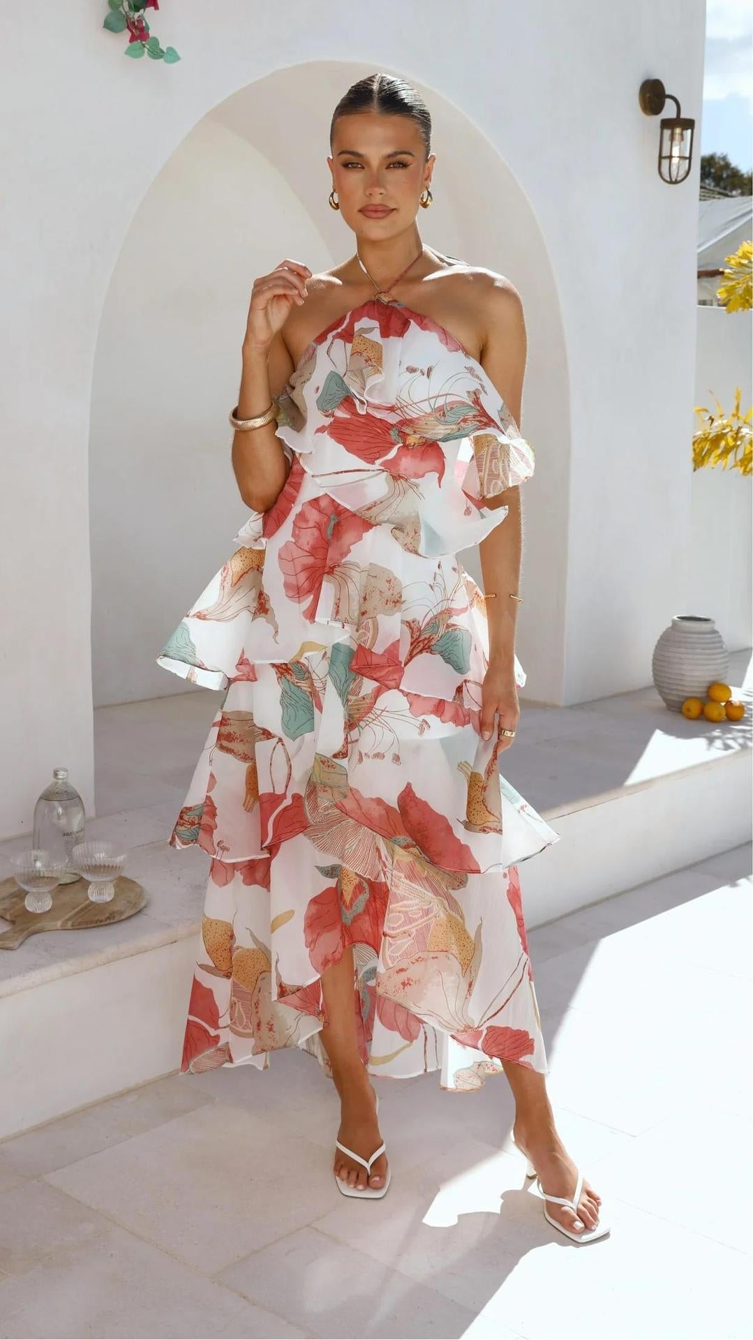 Off-shoulder Chiffon Printed Dress NorixaFashion.com
