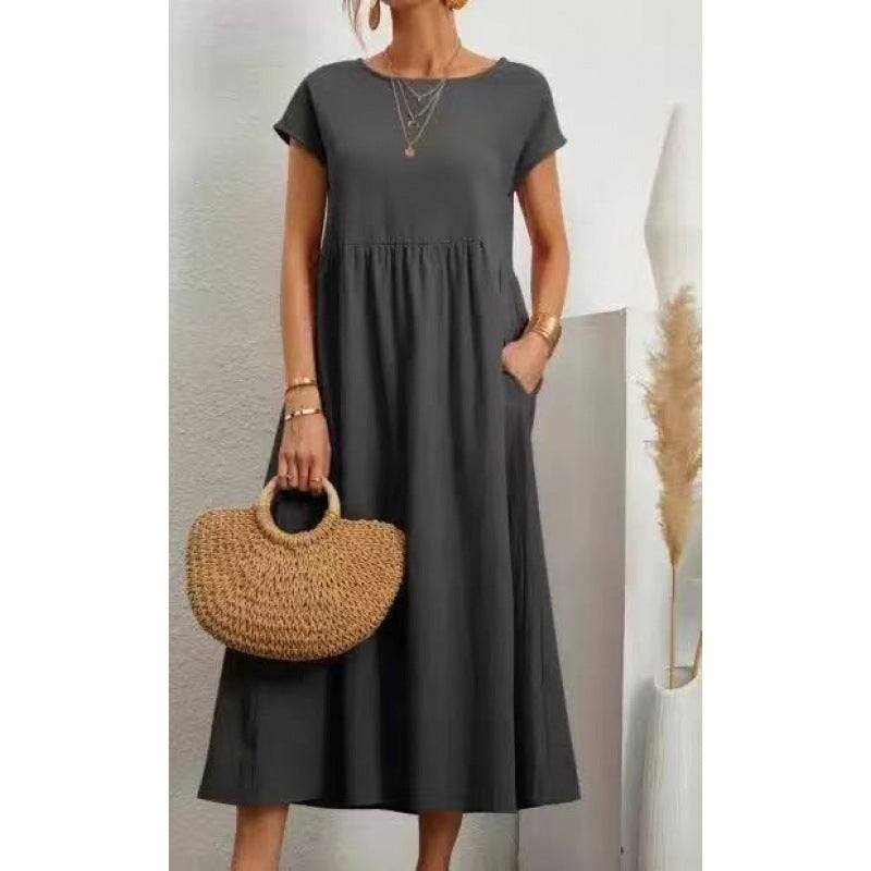 2026 New European And American Women's Round Neck Solid Color Pullover Comfortable Casual Dress NorixaFashion.com