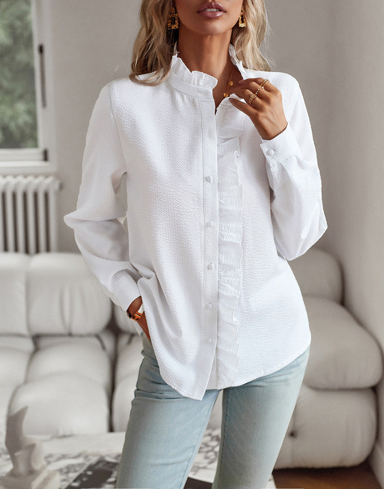 Striped Long Sleeve Shirt Fashion Ruffle Design Button Up Tops Casual Office Blouse Elegant Commuting Women's Clothing NorixaFashion.com