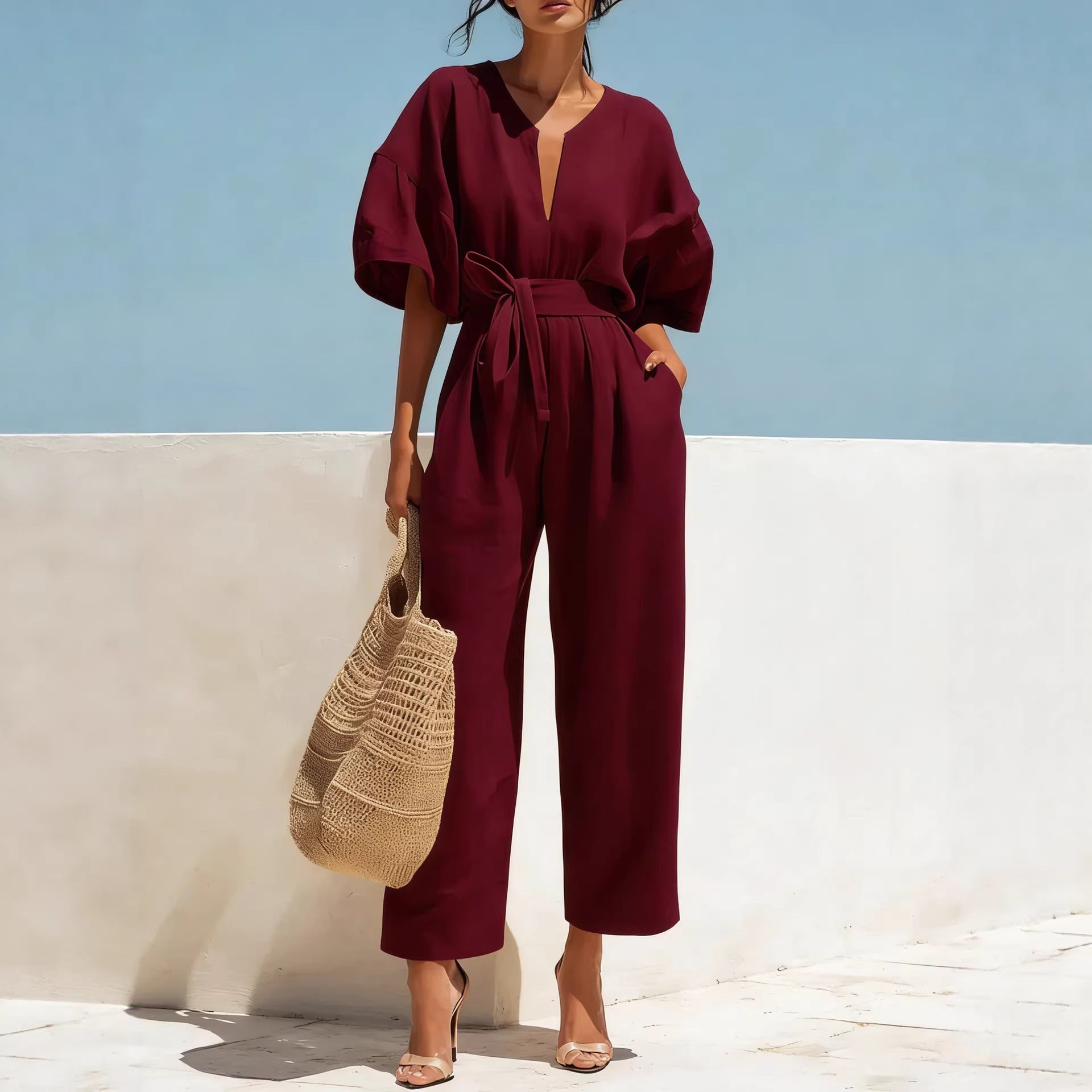 Fashionable V-Neck Solid Color Cotton-Linen Jumpsuit For Women LadyShow.Store