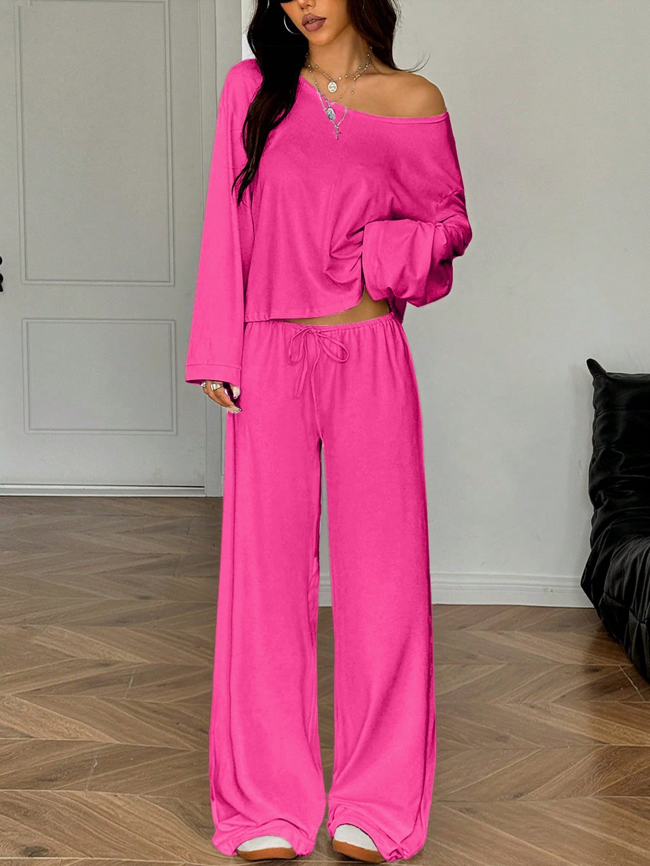 Womens Solid-Color Casual Off-the-Shoulder Long-Sleeve Pants NorixaFashion.com