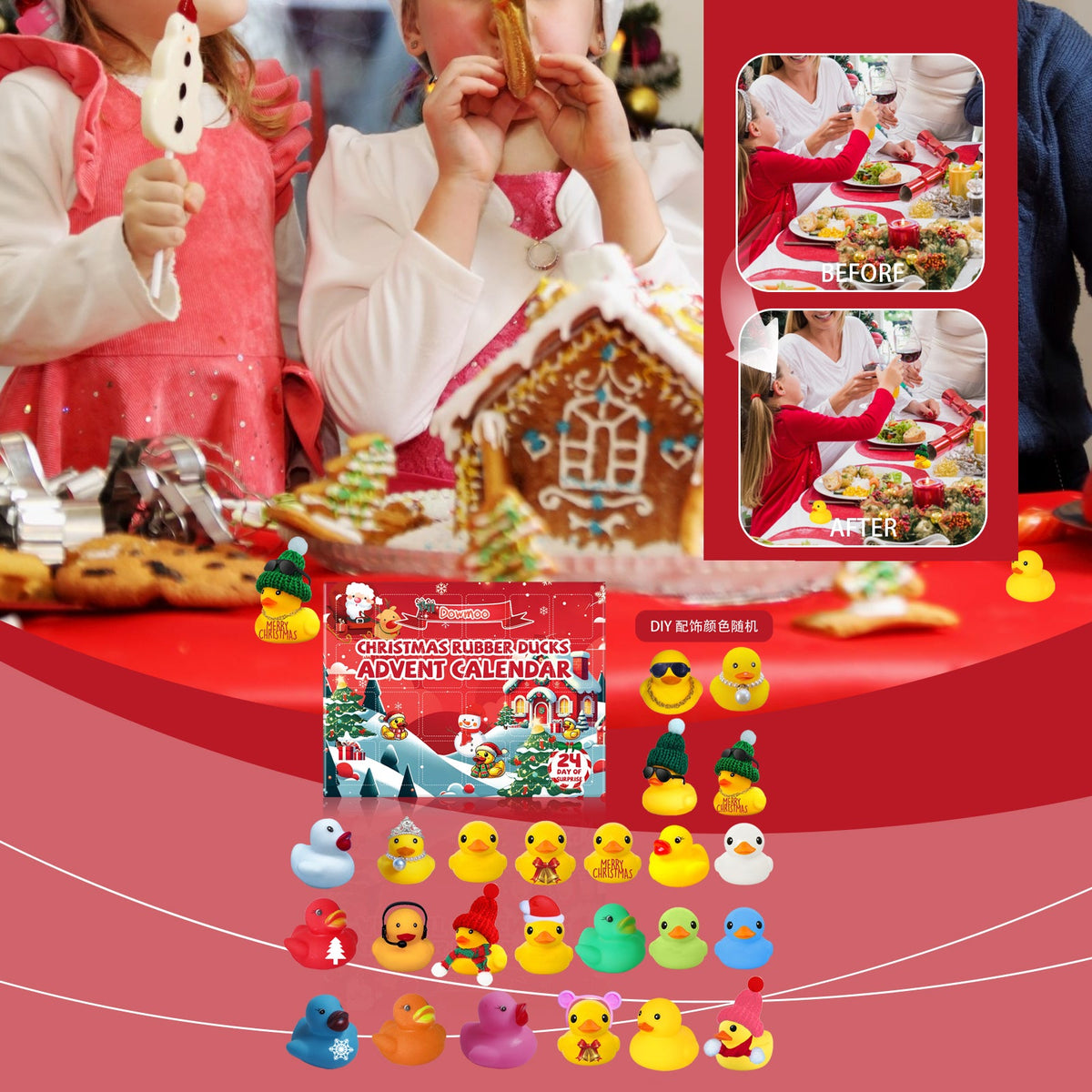 Dowmoo 24 Grids Christmas Advent Rubber Duck Blind Box 24 PIECES Product Size -1 Duck 3.7x3.8cm, 2 Ducks 3.3x2.8cm, 3 Ducks 4.6x4.4cm Tri Light Beauty