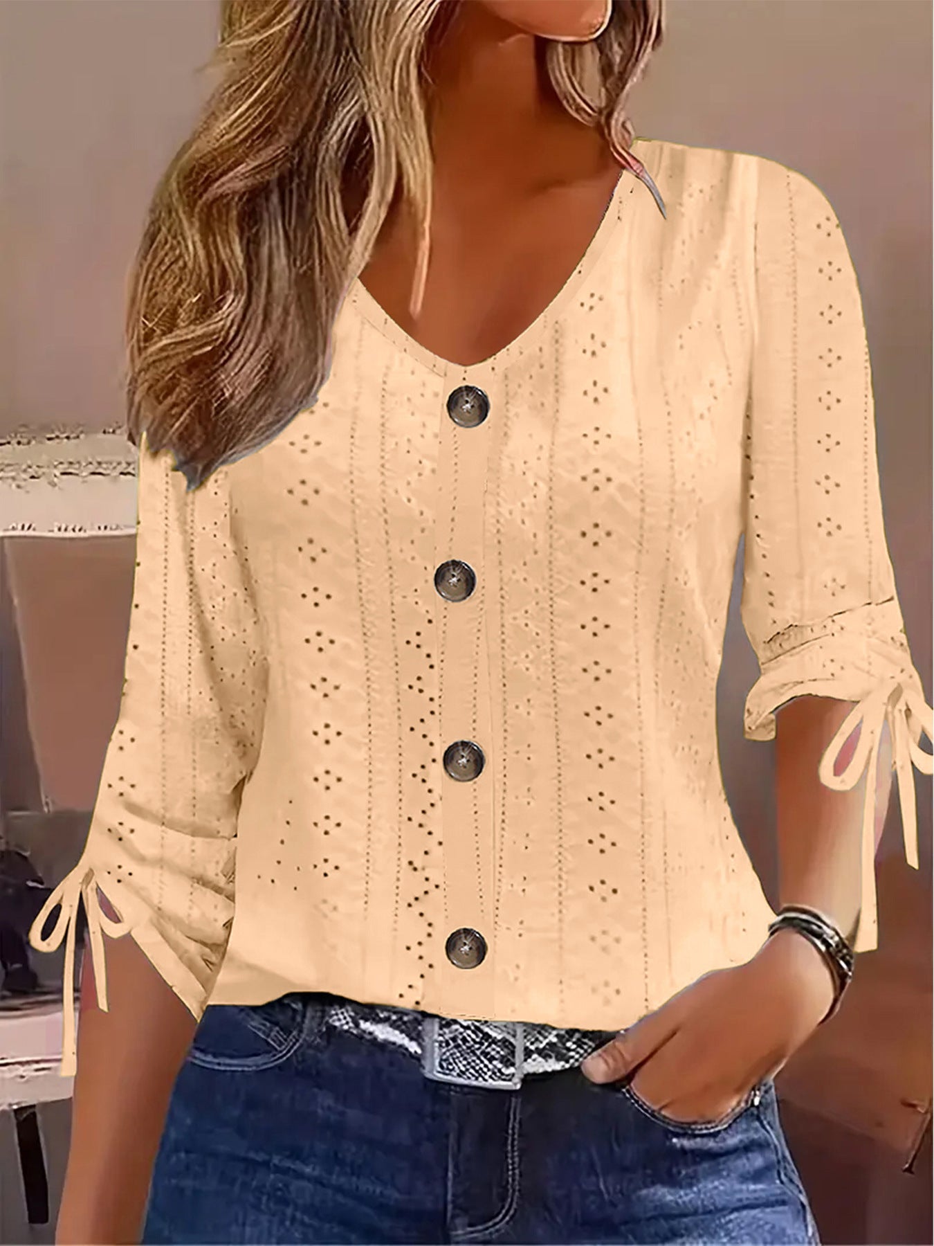 Solid-color Jacquard V-neck Buttoned Mid-sleeve T-shirt Top NorixaFashion.com