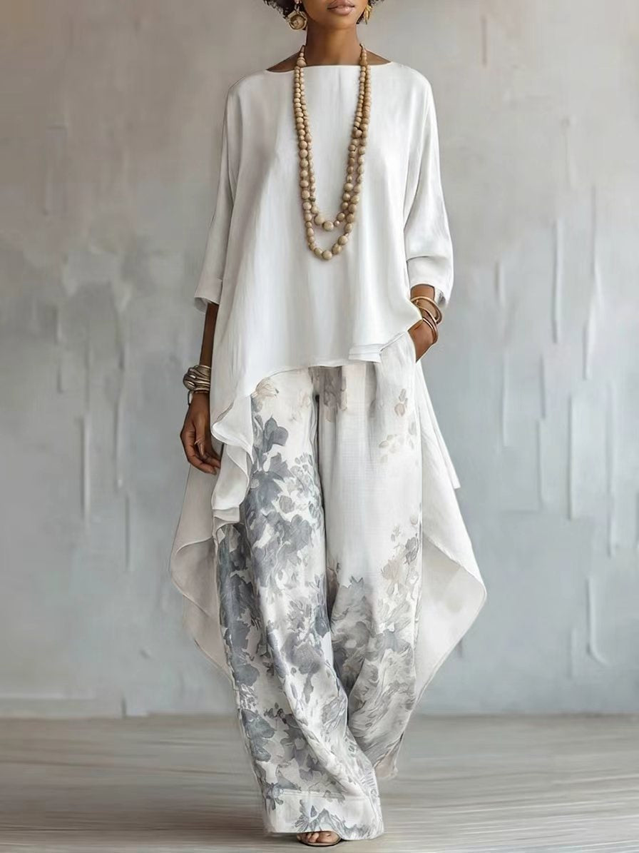 Cotton-Linen Fashion Solid-Color Top And Wide-Leg Pants Two-Piece Set NorixaFashion.com