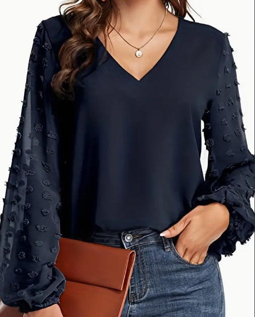 Swiss Dot V Neck Shirt - Soft, Breathable, Casual Solid Shirt For Spring And Fall Season, Women's Clothing With Relaxed Fit And Classic Style NorixaFashion.com