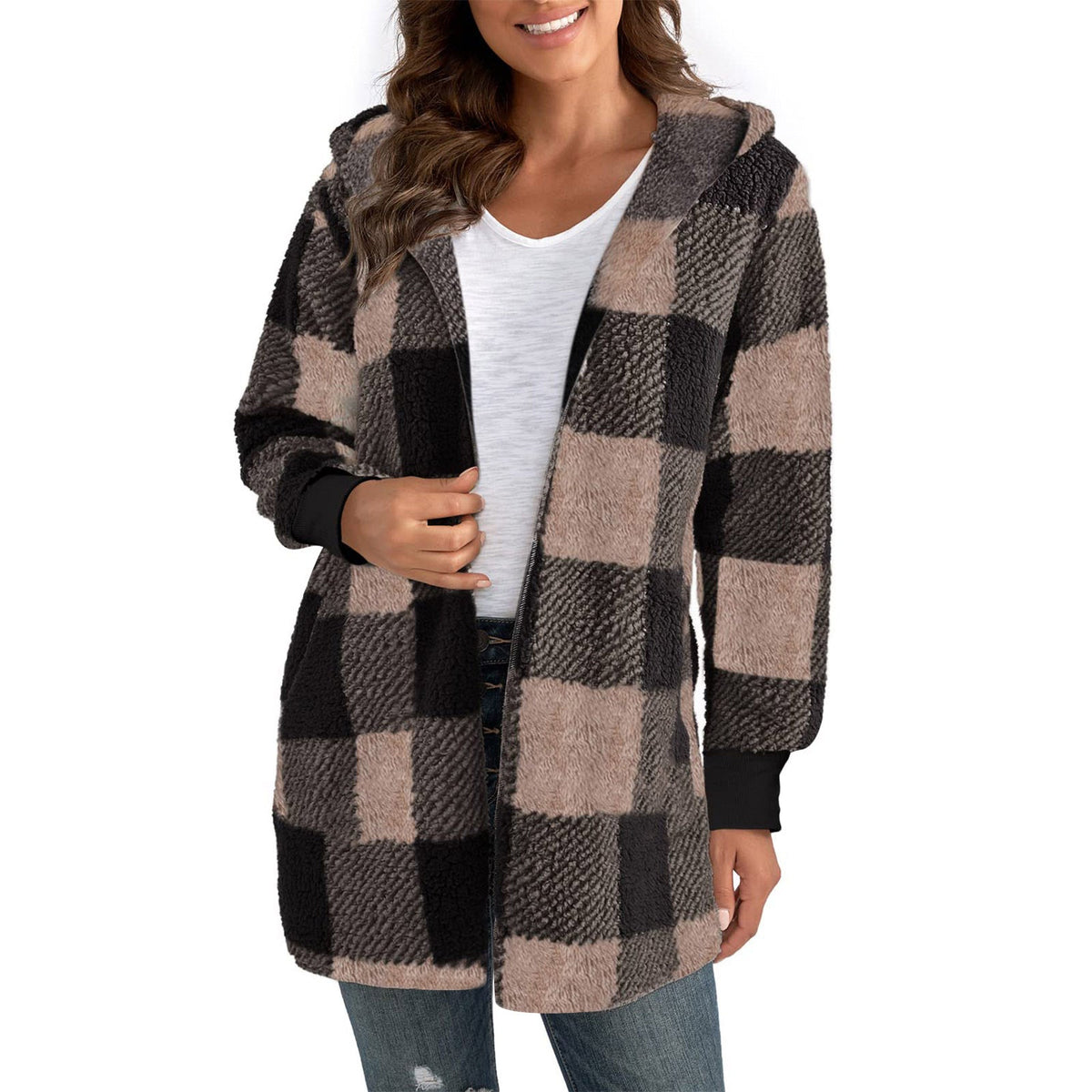 Coat Loose Plaid Color Stitching Knitted Cardigan Sweater NorixaFashion.com