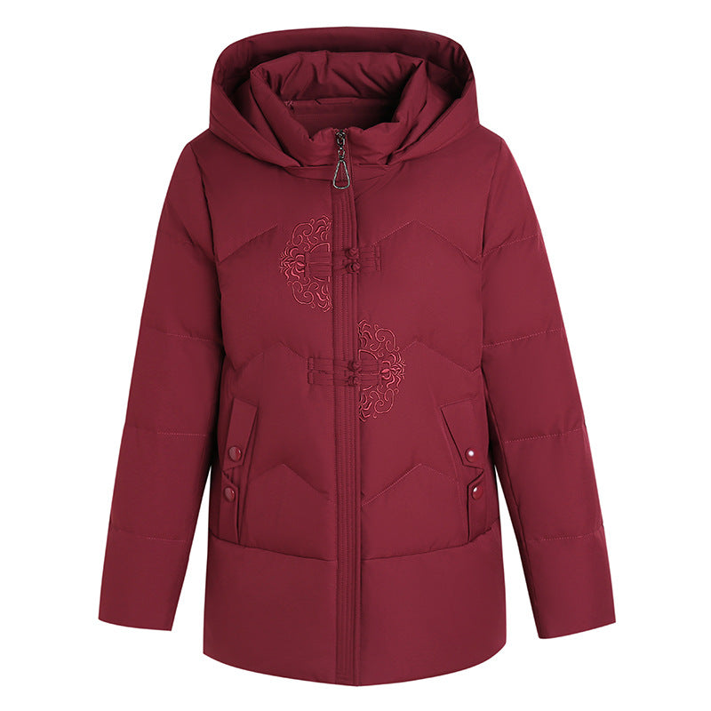 Middle-aged And Elderly Women's Dress White Duck Down Loose Warm Hooded Jacket Best YouTube Store