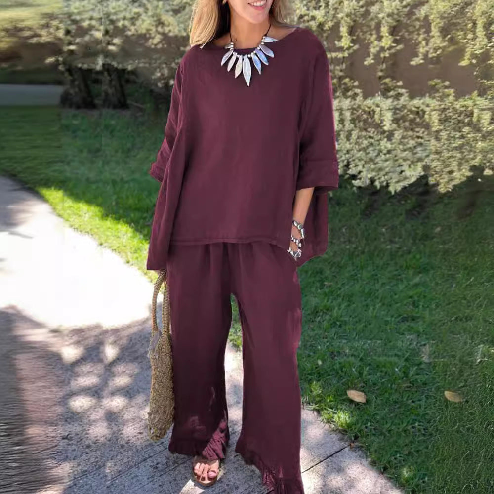 Cotton And Linen Women's Fashion Loose Trousers Two-piece Suit NorixaFashion.com