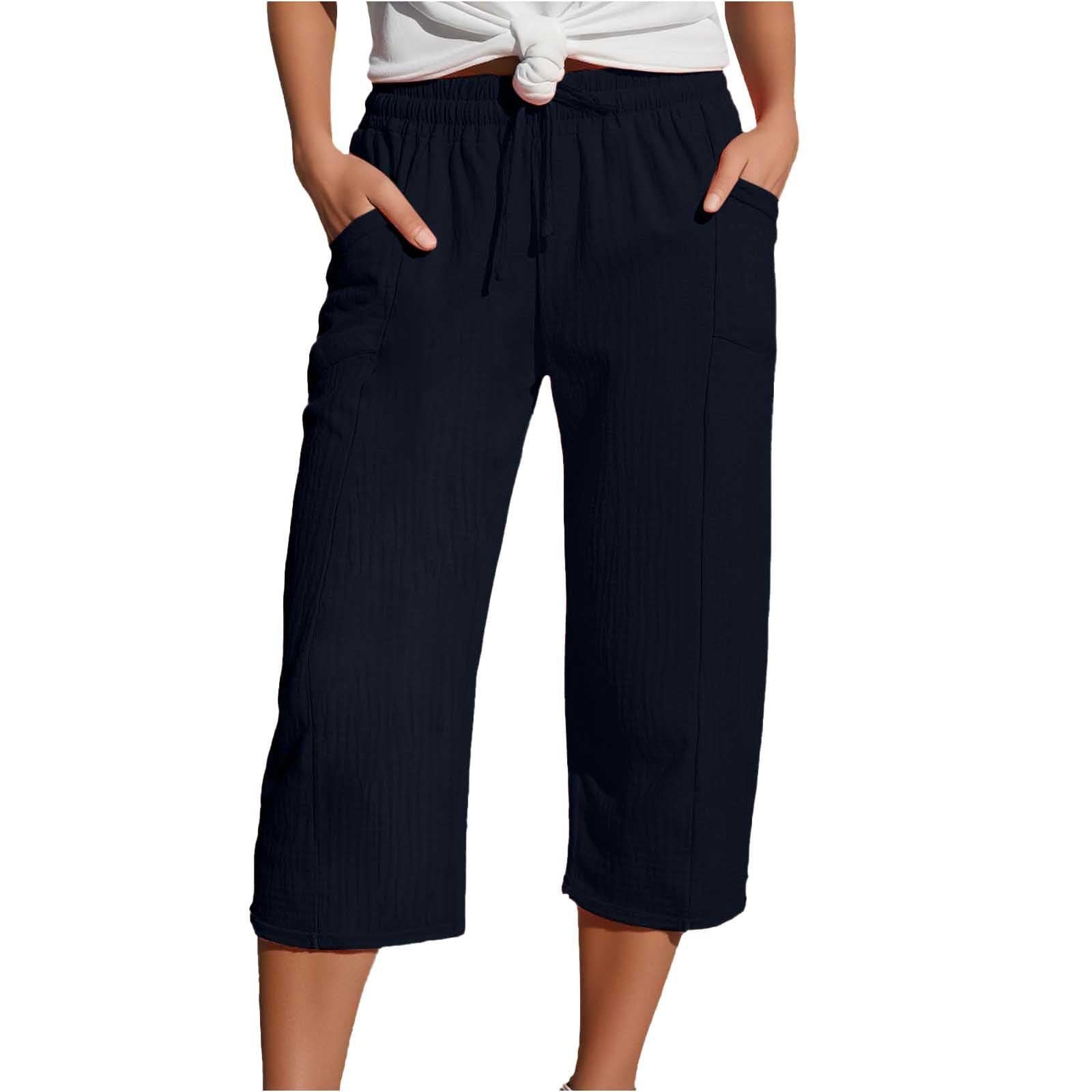 Women's Cotton-Linen Solid-Color Casual Cropped Pants With Elastic Waist NorixaFashion.com