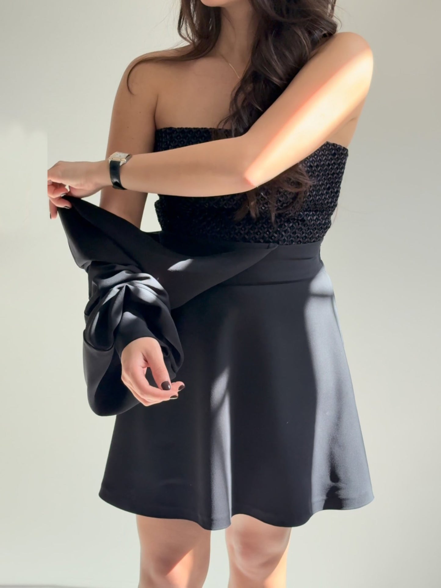 Black Two-Piece Set With Textured Strapless Top And Flared Mini Skirt NorixaFashion.com