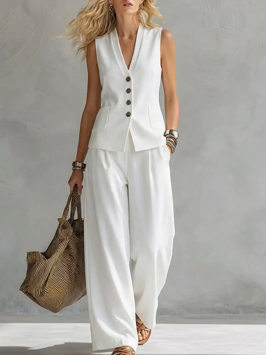 Two-piece V-Neck Sleeveless Vest And Wide Leg Pants For Women Summer Solid-Colored Sleeveless Casual Linen Tank Top And Pants Set NorixaFashion.com