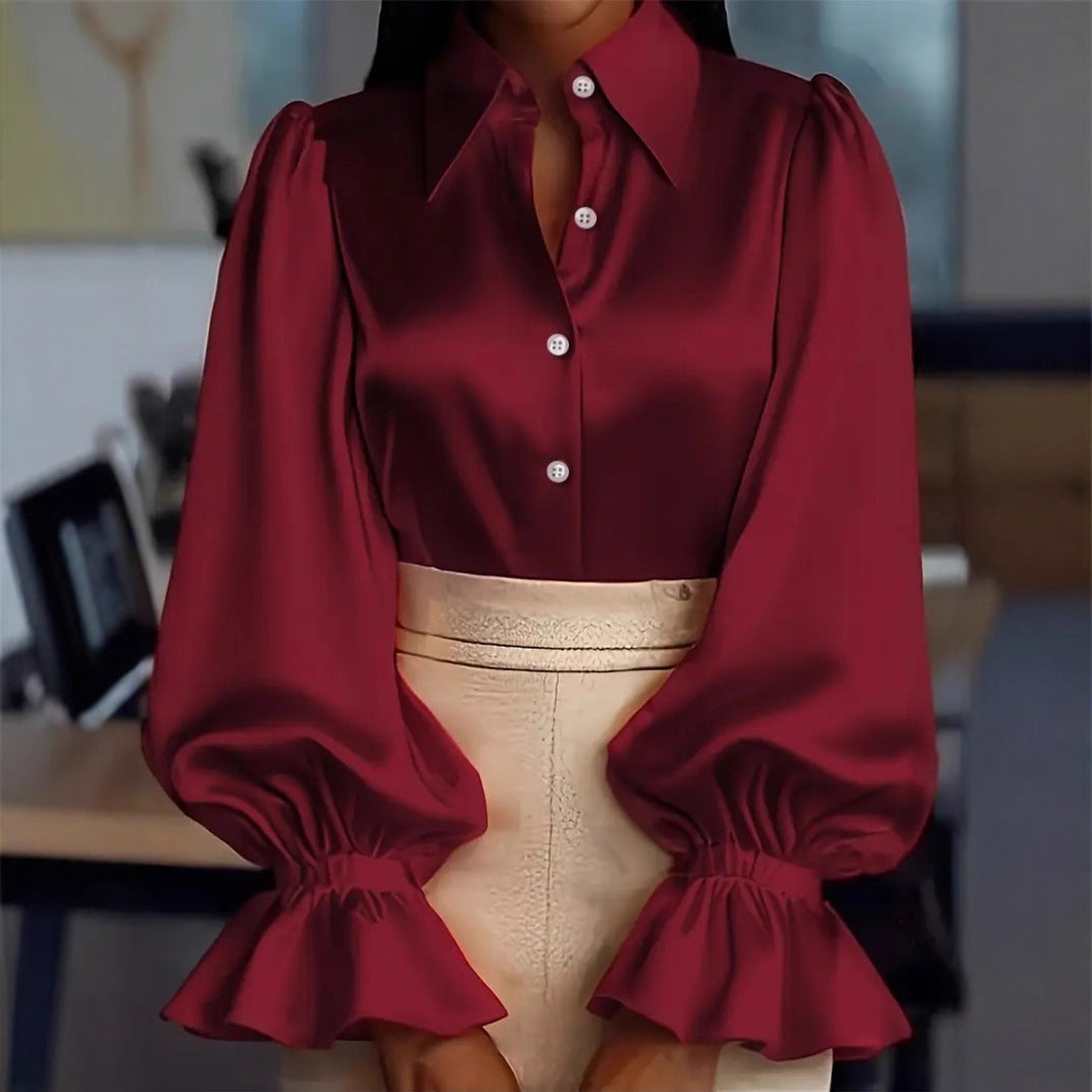 New Stylish Solid-colored Bubble Sleeve Long-sleeve Lapel Satin Shirt For Commuting LadyShow.Store