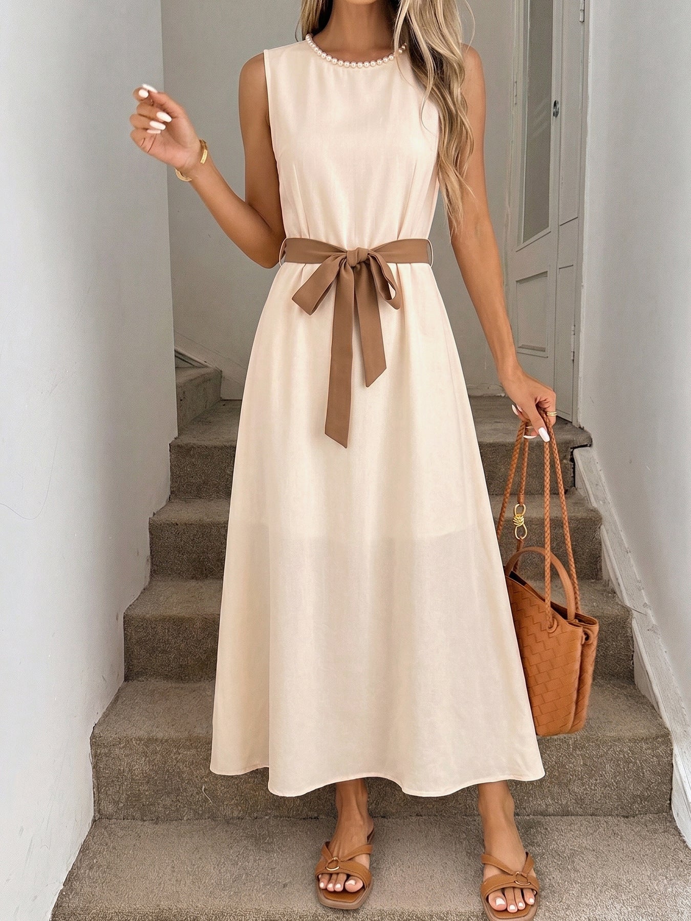 Pearl Neck Sleeveless Self-Tie Belt A-Line Midi Dress NorixaFashion.com