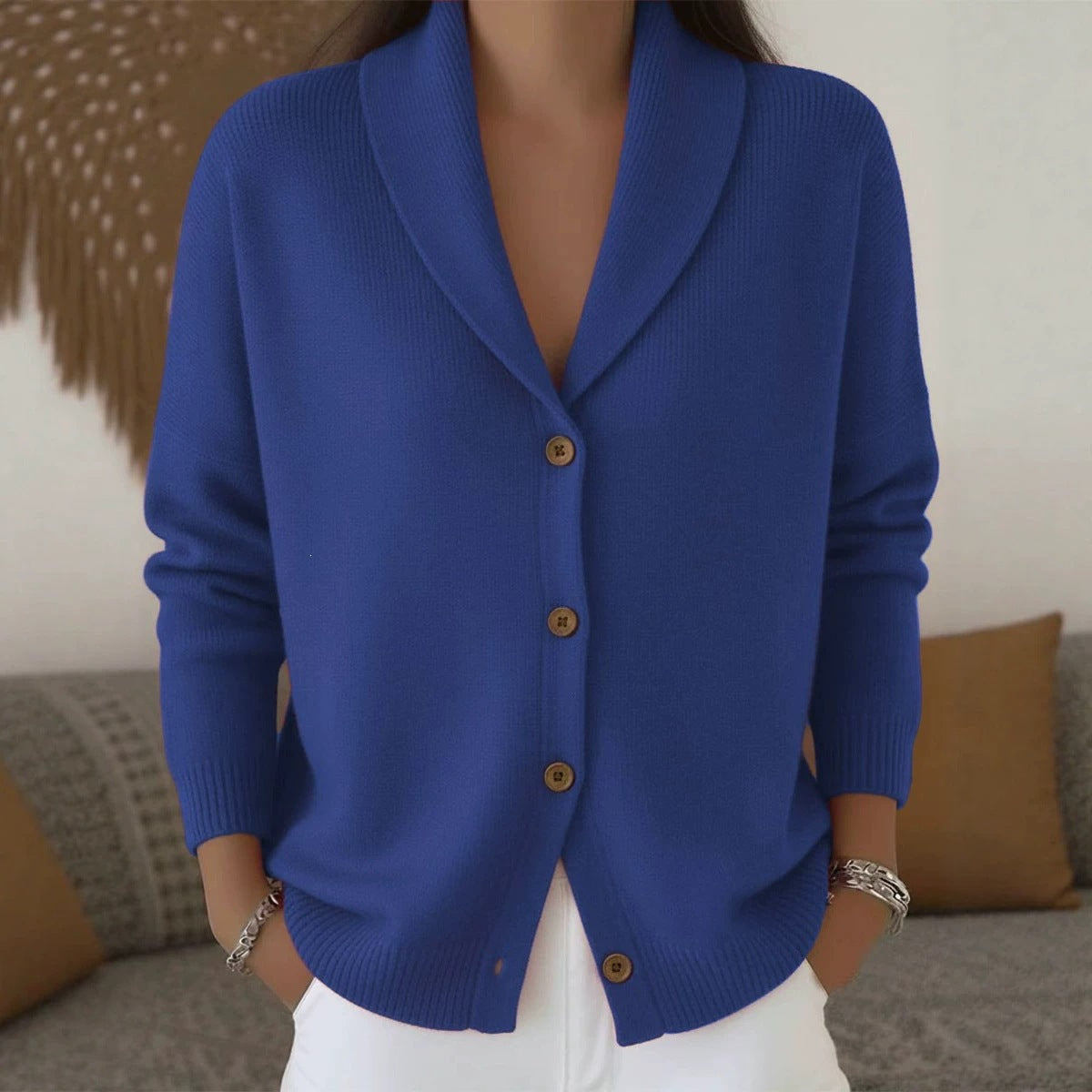 Womens Knitted Cardigan Loose-Fit Lazy Style Soft And Cozy Notch Lapel Solid Color Long-Sleeve Sweater NorixaFashion.com