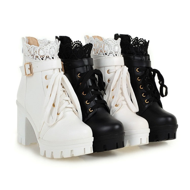 Lace Ankle Boots Lace-up Square Heeled Shoes Women White Black Boots LadyShow.Store