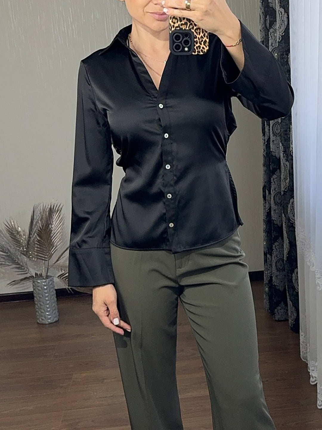 Black Satin Backless Lace-up Shirt NorixaFashion.com