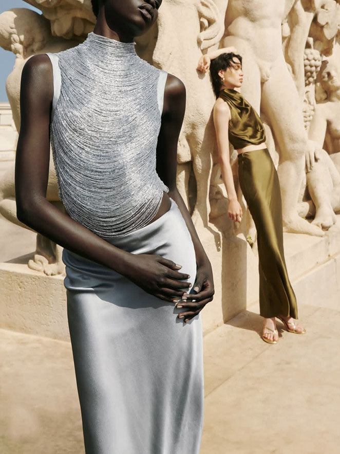 Elegant Sleeveless Tassel-trimmed Zippered Satin Fishtail Maxi Dress Set NorixaFashion.com