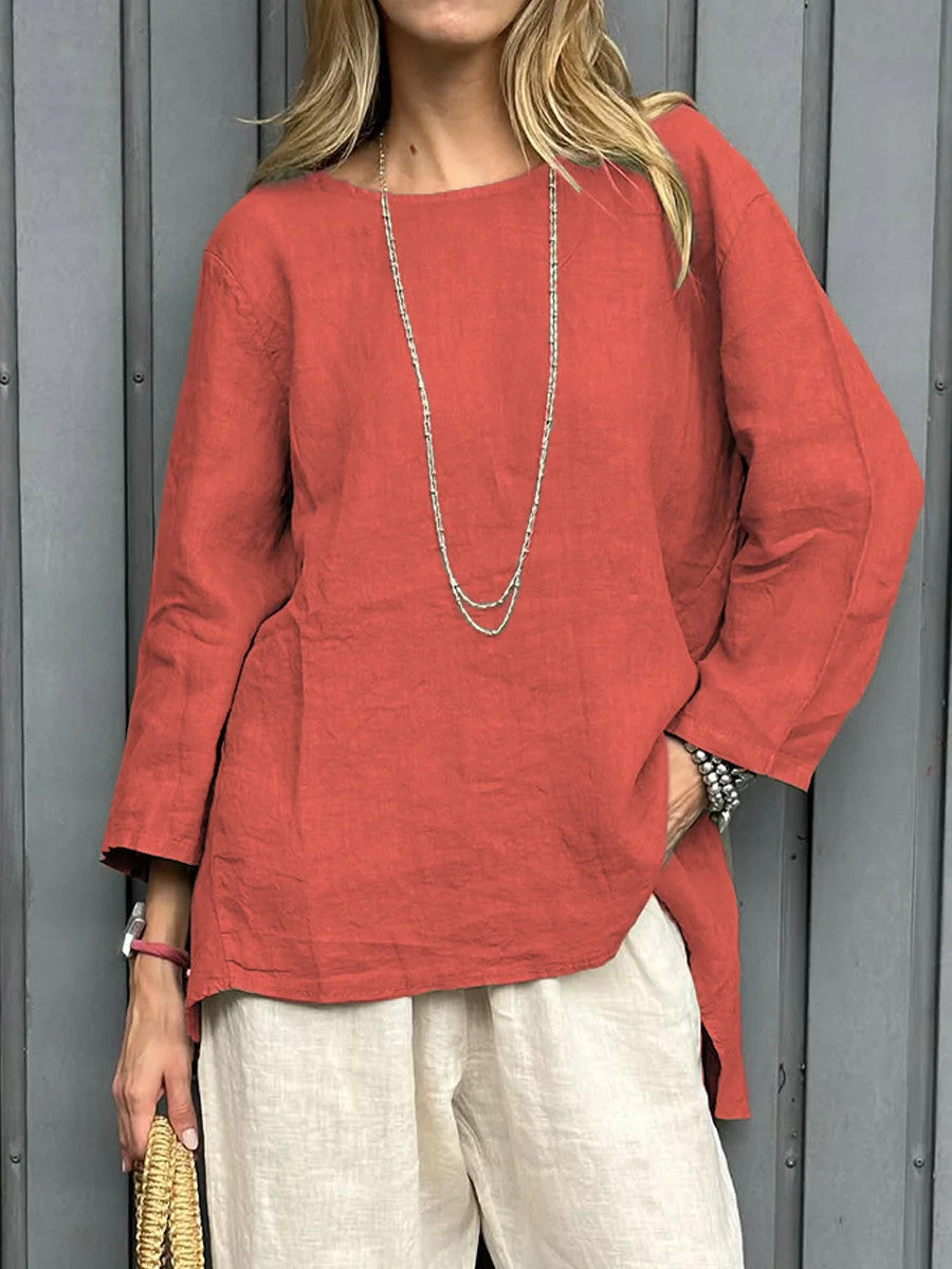 Vintage Cotton-Linen Crew-Neck Long-Sleeve Fashion Blouse For Women LadyShow.Store