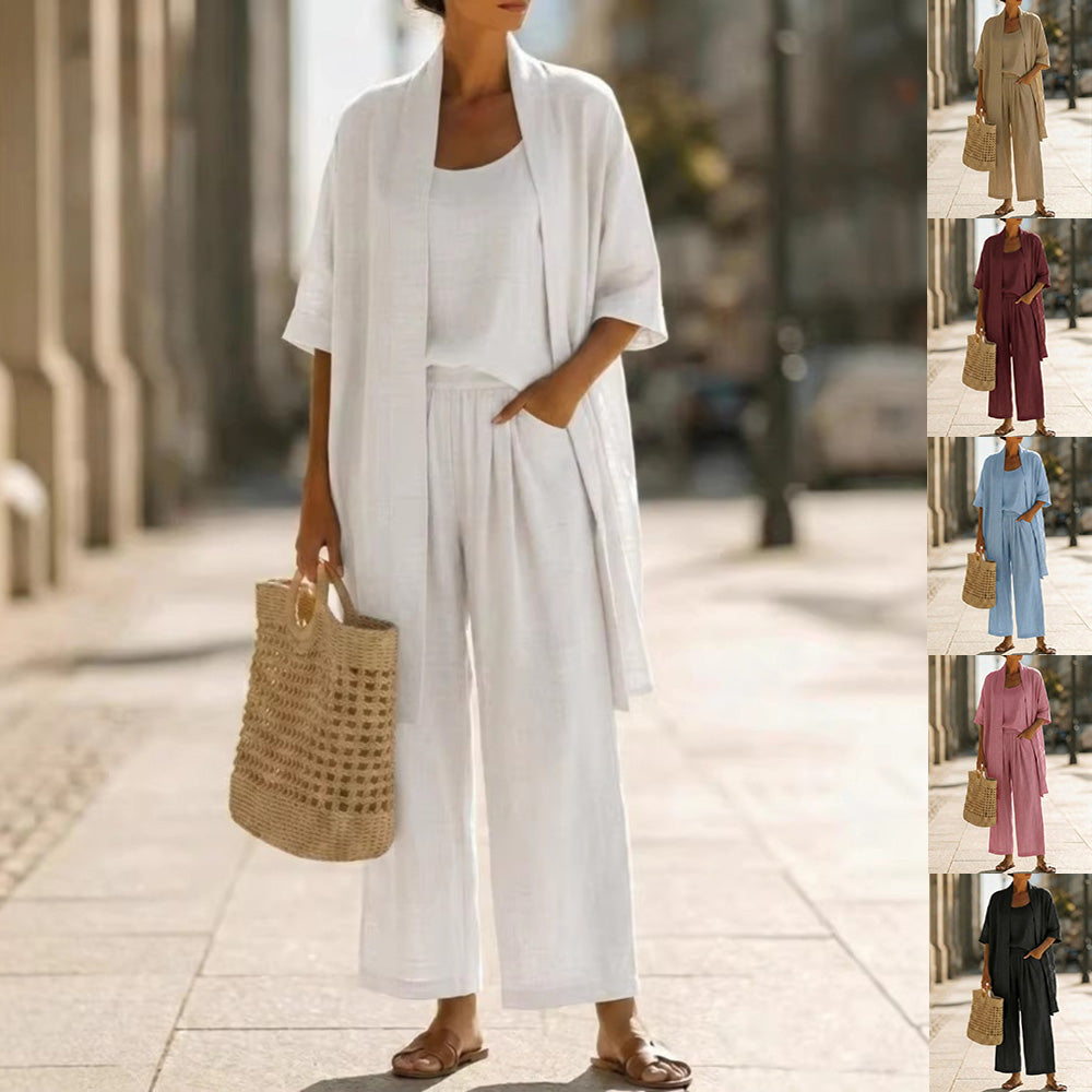 Three-piece Suit Women's Mid-length Cardigan Tank Top And Straight-leg With Pockets Fashion Trousers Set NorixaFashion.com