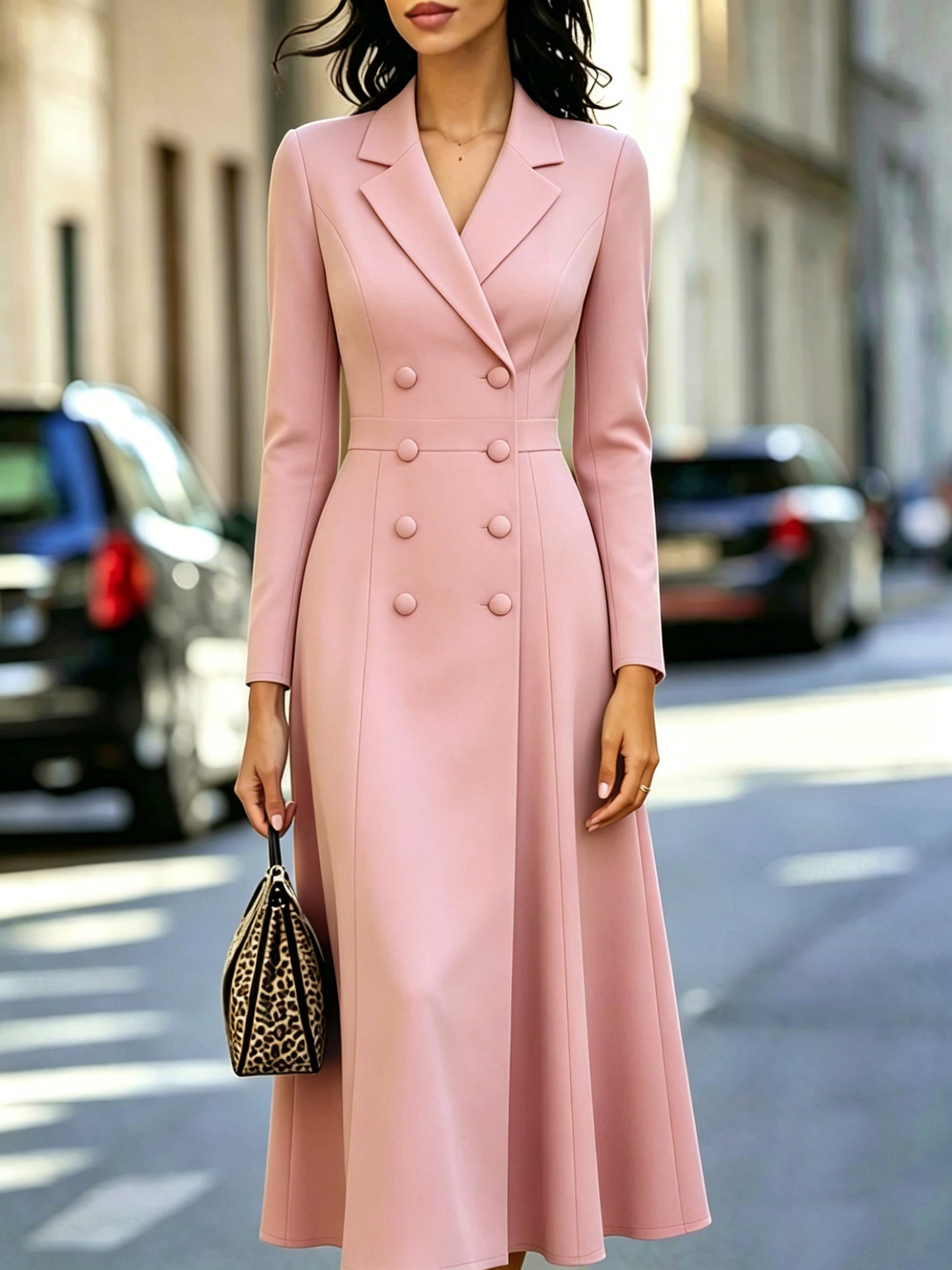 Elegant Double-breasted Tailored Long Dress With A Cinched Waist And A Flared Skirt NorixaFashion.com