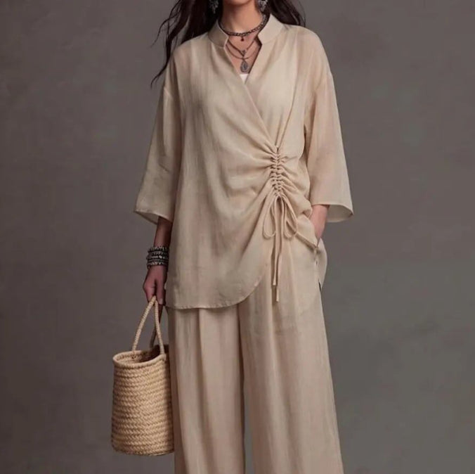 Stand-collar Top With Drawstring Waist High-waisted Slimming Wide-leg Pants Casual Set NorixaFashion.com