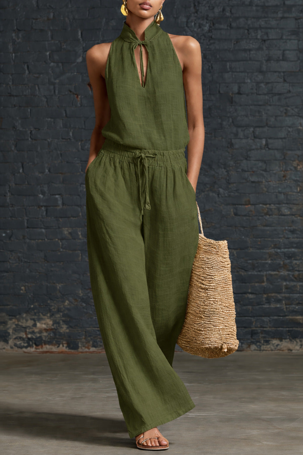 Urban-style Cotton And Linen Top And Wide-leg Pants Set NorixaFashion.com